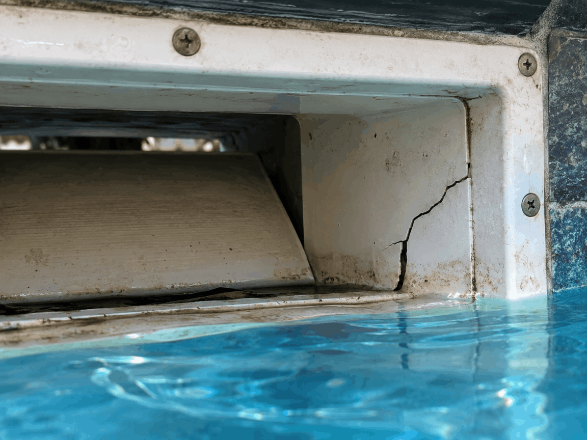 Crack in a swimming pool skimmer throat