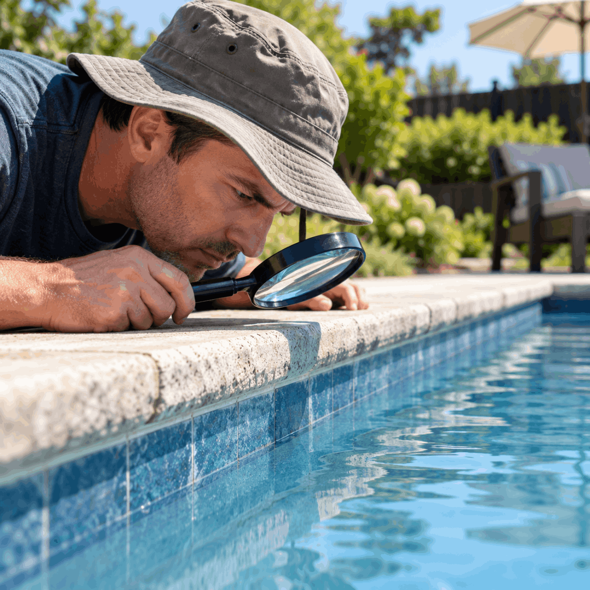Pool owner closely monitoring the swimming pool water level
