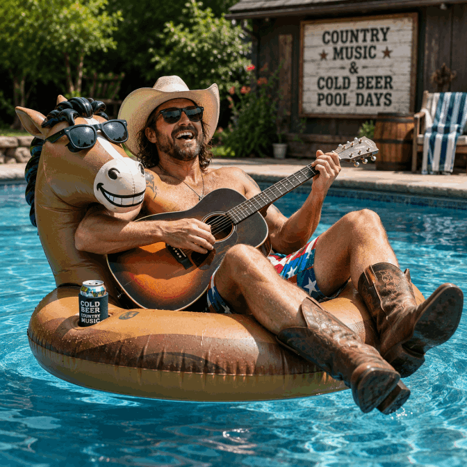cowboy floating in a pool