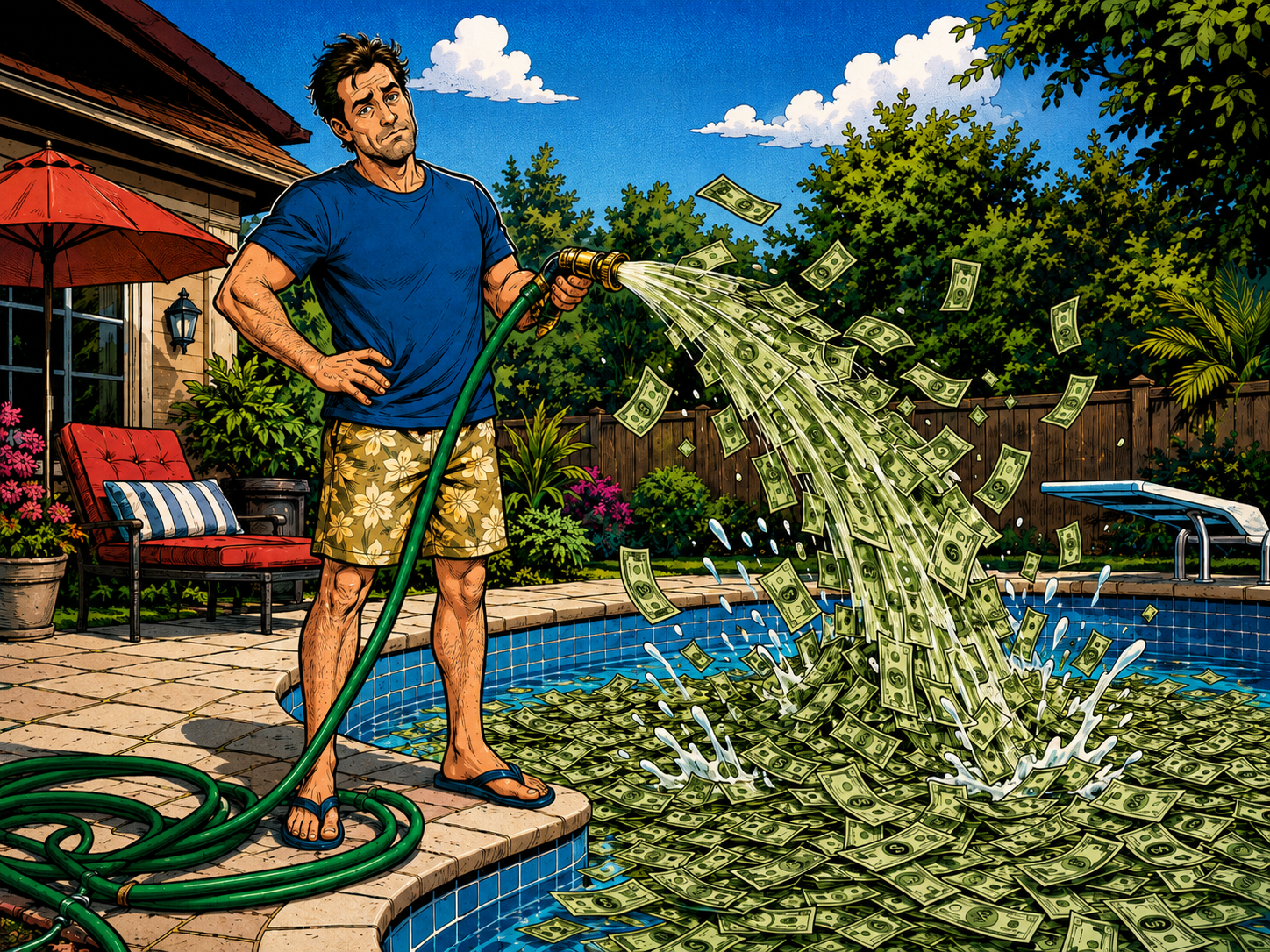 Man pouring cash into his pool
