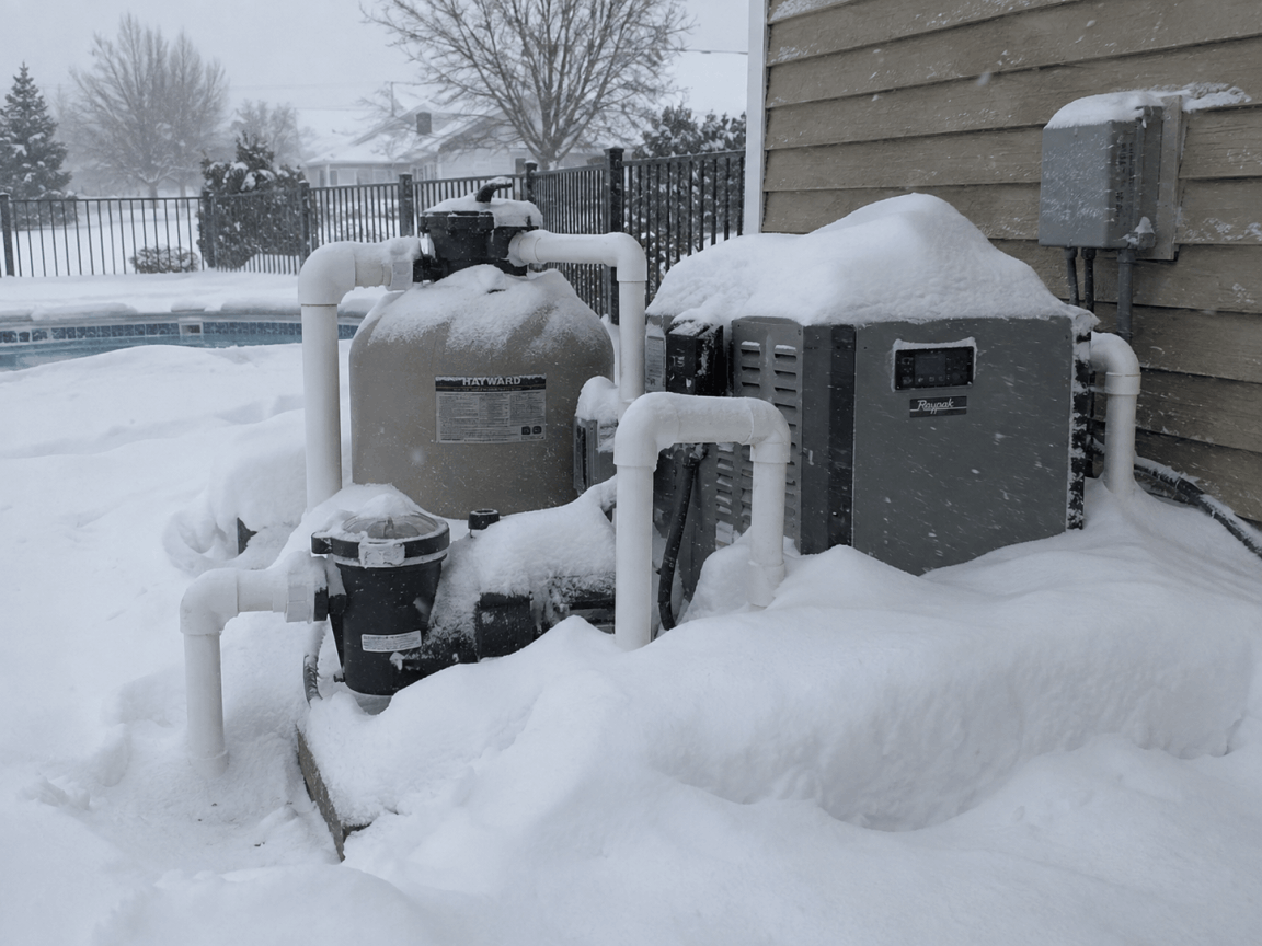 Snow-covered swimming pool equipment prepared for winter