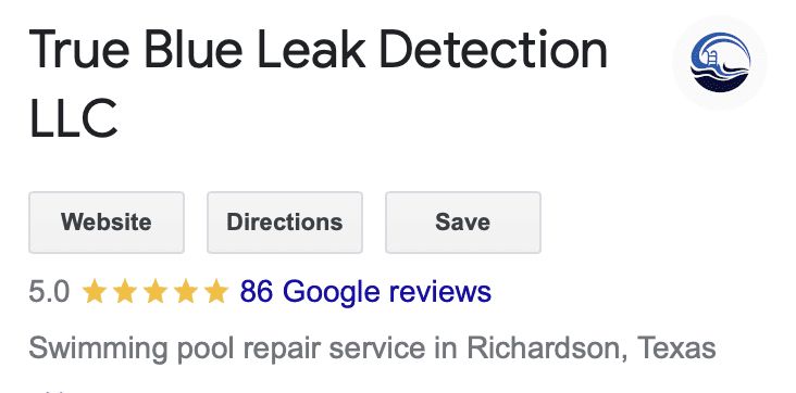 Screenshot of a Google review profile for True Blue Leak Detection