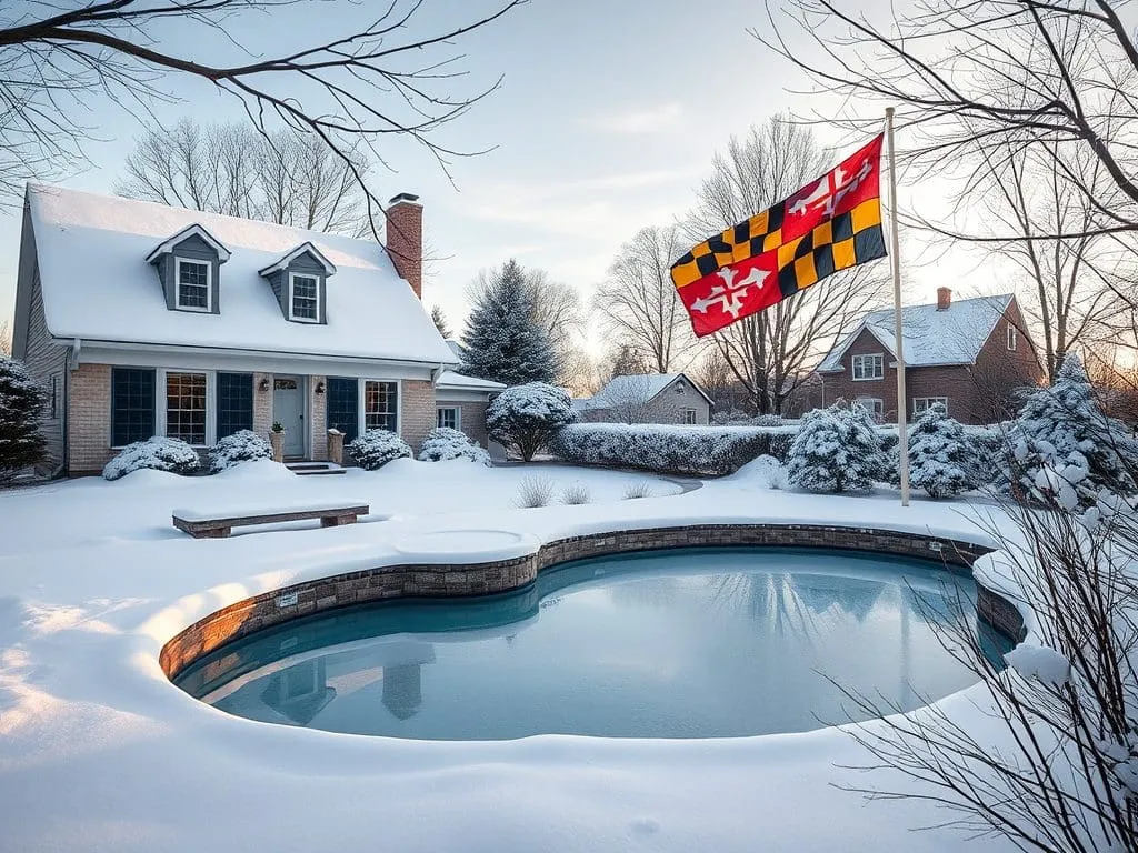 Winter weather around a home and swimming pool in Maryland